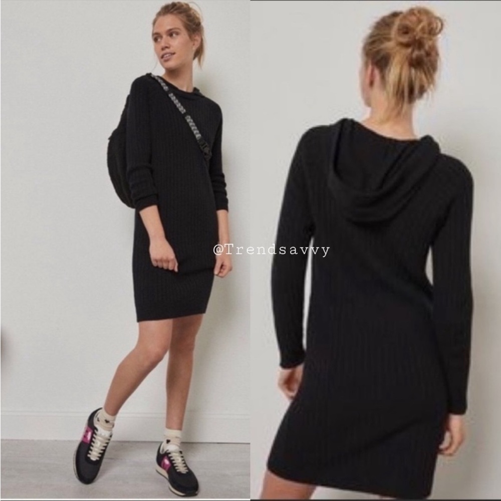 Anthropologie Hera Hooded Sweater Tunic Dress Black Long Sleeve Knit Pullover S